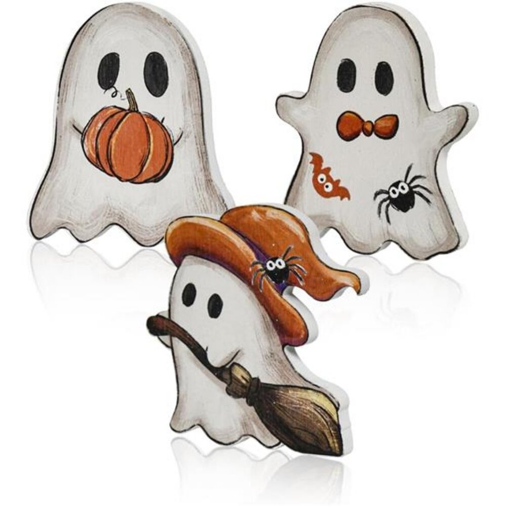 3 Pcs Wooden Blocks Signs, Happy Halloween Ghost Tiered Tray Decorations